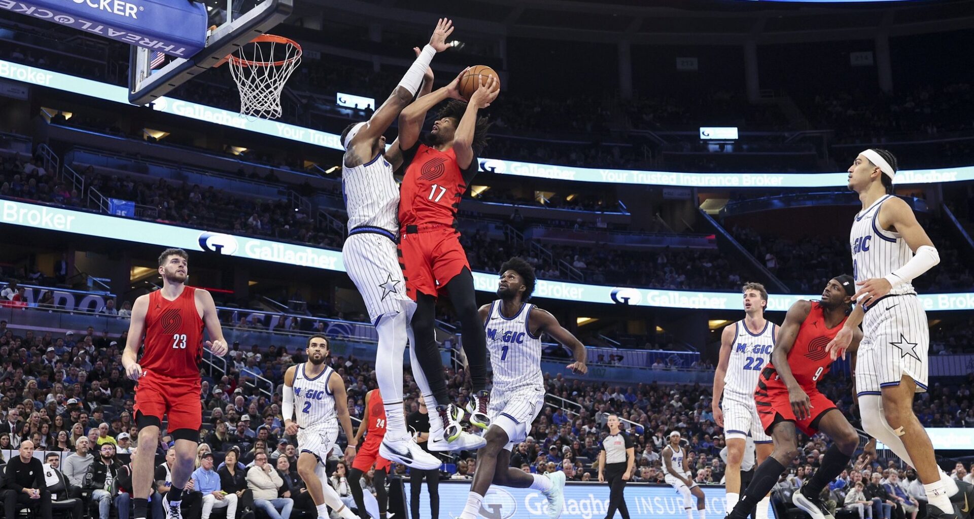Nov 10, 2025; Orlando, Florida, USA; Portland Trail Blazers guard Shaedon Sharpe (17) drives to the basket against the Orlando Magic in the second quarter at Kia Center. Mandatory Credit: Nathan Ray Seebeck-Imagn Images