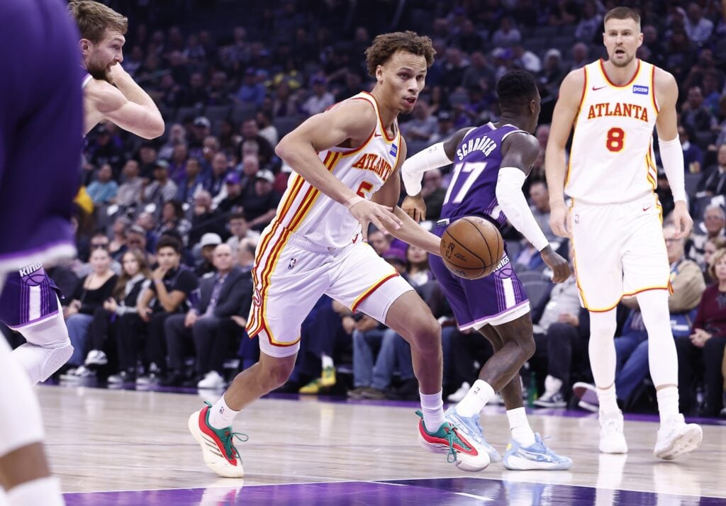 Atlanta Hawks guard Dyson Daniels (5) drives in against the Sacramento Kings during the first quarter at Golden 1 Center.