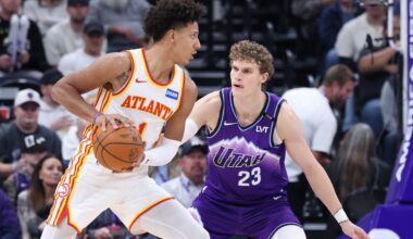 Atlanta Hawks forward Jalen Johnson (1) looks to drive against Utah Jazz forward Lauri Markkanen (23) during the second half at Delta Center.