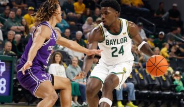 Baylor Bears guard Tounde Yessoufou (24) controls the ball as Tarleton State Texans guard Jordan Mizell (0) defends during the first half at Paul and Alejandra Foster Pavilion.