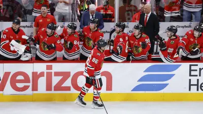 Nov 15, 2025; Chicago, Illinois, USA; Chicago Blackhawks center Teuvo Teravainen (86) celebrates with teammates after scoring against the Toronto Maple Leafs during the third period at United Center. Mandatory Credit: Kamil Krzaczynski-Imagn Images