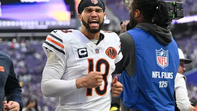 Nov 16, 2025; Minneapolis, Minnesota, USA; Chicago Bears quarterback Caleb Williams (18) reacts after defeating the Minnesota Vikings at U.S. Bank Stadium.