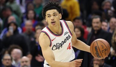 Nov 17, 2025; Philadelphia, Pennsylvania, USA; LA Clippers guard Kobe Sanders (4) in action against the Philadelphia 76ers during the fourth quarter at Xfinity Mobile Arena. Mandatory Credit: Bill Streicher-Imagn Images