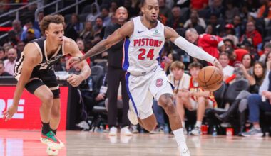 Detroit Pistons guard Daniss Jenkins (24) drives to the basket against the Atlanta Hawks in the second quarter at State Farm Arena.