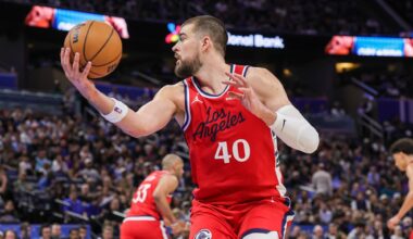 Nov 20, 2025; Orlando, Florida, USA; LA Clippers center Ivica Zubac (40) grabs the rebound during the second quarter against the Orlando Magic at Kia Center. Mandatory Credit: Mike Watters-Imagn Images
