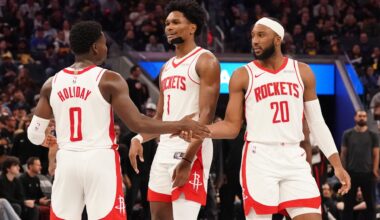 Nov 26, 2025; San Francisco, California, USA; Houston Rockets guard Aaron Holiday (0), guard-forward Amen Thompson (1), and guard Josh Okogie (20) huddle during a break in the action against the Golden State Warriors in the fourth quarter at Chase Center. Mandatory Credit: David Gonzales-Imagn Images