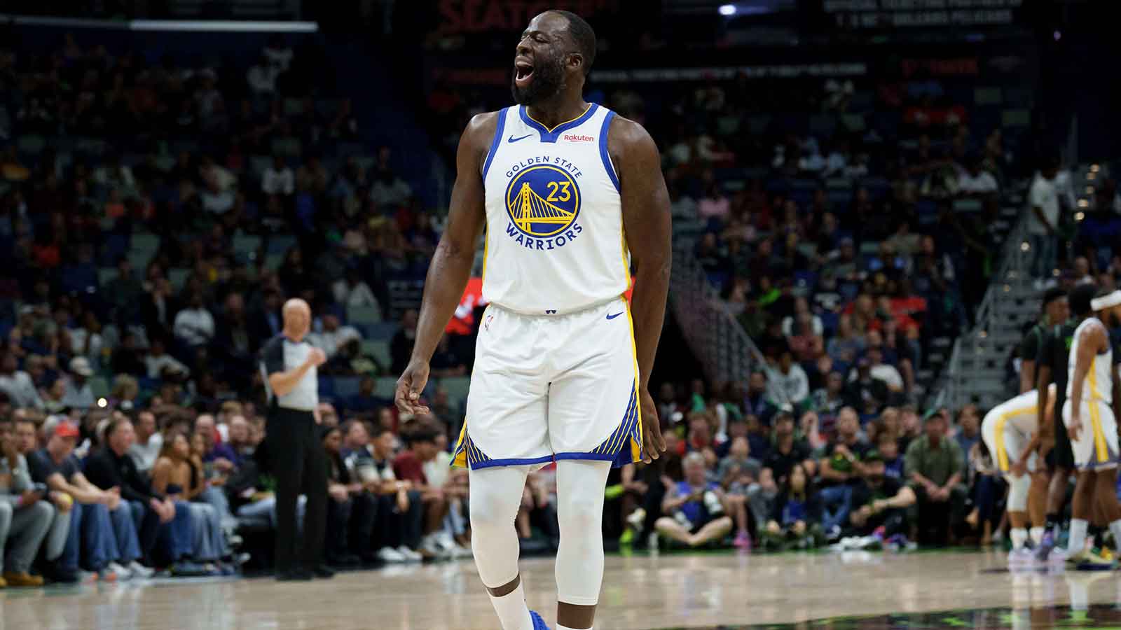 Warriors forward Draymond Green (23) shouts “Angel Reese” after missing several shots in a row and rebounding them himself during the first half against the New Orleans Pelicans at Smoothie King Center