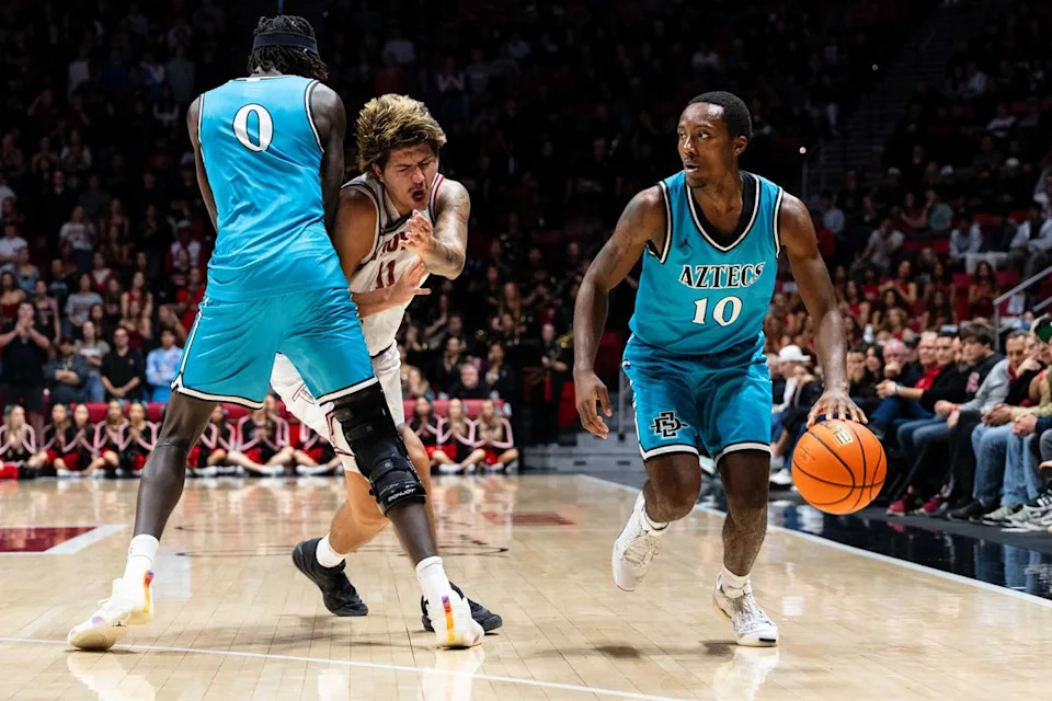 San Diego State forward Magoon Gwath (0) sets a screen for guard BJ Davis (10) during an NCAA Basketball game against Troy, Tuesday November 18, 2025 at Viejas Arena in San Diego, Calif.
