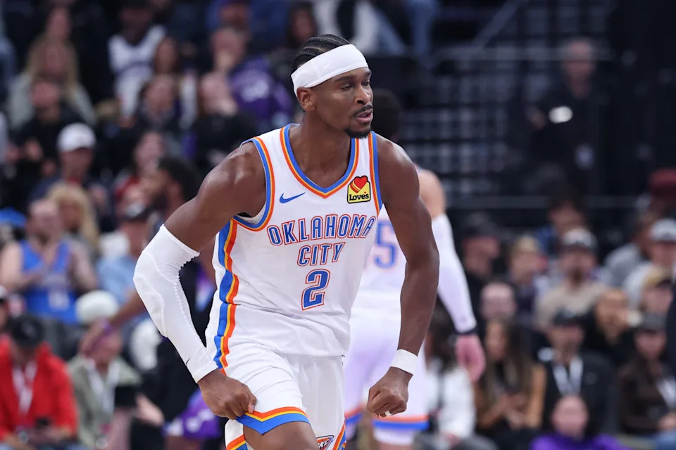 Nov 21, 2025; Salt Lake City, Utah, USA; Oklahoma City Thunder guard Shai Gilgeous-Alexander (2) reacts to a shot against the Utah Jazz during the second half at Delta Center. Mandatory Credit: Rob Gray-Imagn Images