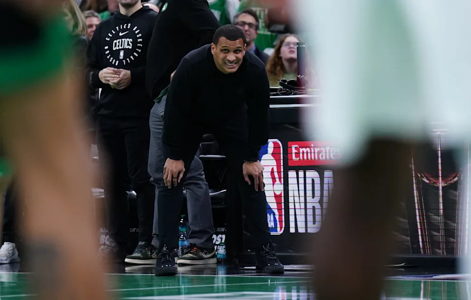 Nov 26, 2025; Boston, Massachusetts, USA; Boston Celtics head coach Joe Mazzulla watches from the sideline as they take on the Detroit Pistons at TD Garden. Mandatory Credit: David Butler II-Imagn Images