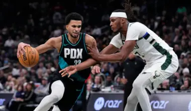 Portland Trail Blazers forward Toumani Camara drives against Milwaukee Bucks center Myles Turner in the second half at Fiserv Forum.
