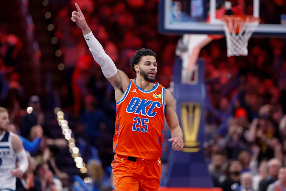 Nov 26, 2025; Oklahoma City, Oklahoma, USA; Oklahoma City Thunder guard Ajay Mitchell (25) gestures to his team during a play against the Minnesota Timberwolves during the second half at Paycom Center. Mandatory Credit: Alonzo Adams-Imagn Images