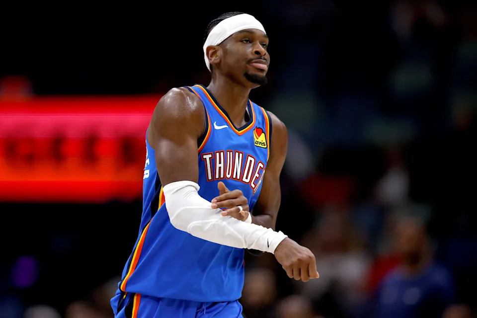 NEW ORLEANS, LOUISIANA - NOVEMBER 17: Shai Gilgeous-Alexander #2 of the Oklahoma City Thunder racts after shooting a three-point basket during the third quarter of the NBA game at Smoothie King Center on November 17, 2025 in New Orleans, Louisiana. NOTE TO USER: User expressly acknowledges and agrees that, by downloading and or using this photograph, User is consenting to the terms and conditions of the Getty Images License Agreement. (Photo by Sean Gardner/Getty Images)