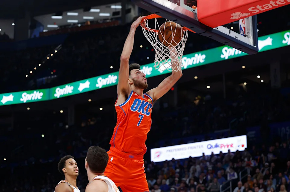 Nov 28, 2025; Oklahoma City, Oklahoma, USA; Oklahoma City Thunder center Chet Holmgren (7) dunks against the Phoenix Suns during the second half at Paycom Center. Mandatory Credit: Alonzo Adams-Imagn Images
