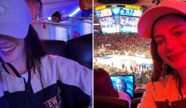 Anne Hathaway Watches a Knicks Game in Head-to-Toe Merch