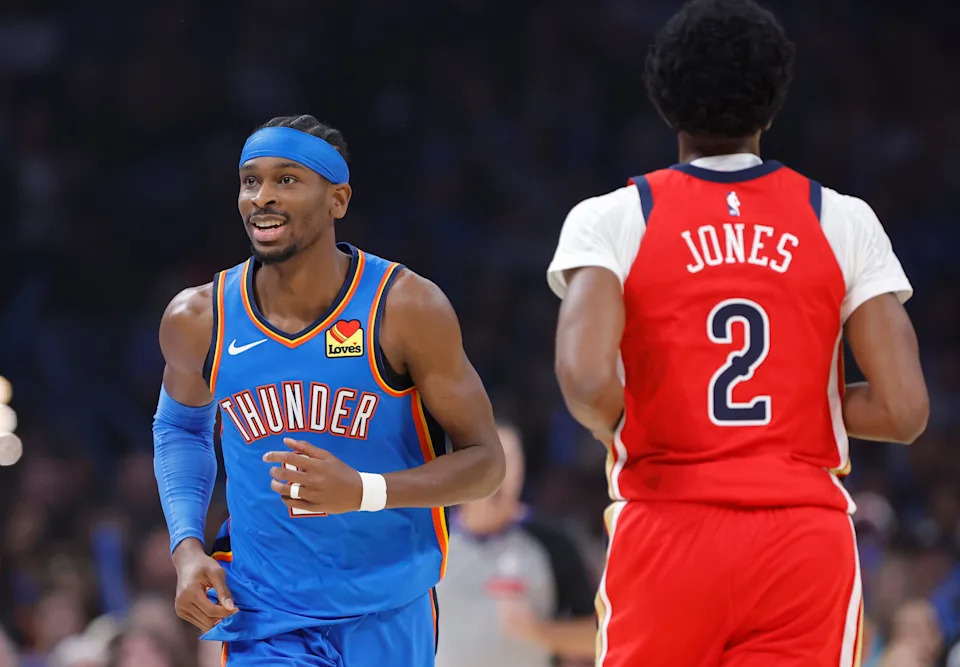 Nov 2, 2025; Oklahoma City, Oklahoma, USA; Oklahoma City Thunder guard Shai Gilgeous-Alexander (2) smiles after a defensive play against the New Orleans Pelicans during the first quarter at Paycom Center. Mandatory Credit: Alonzo Adams-Imagn Images