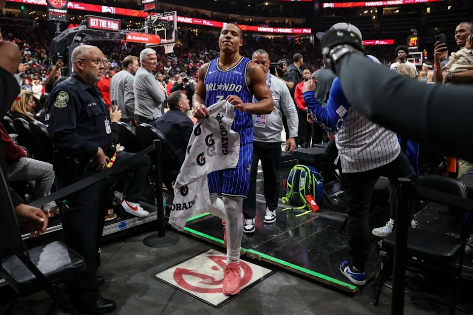Orlando Magic guard Desmond Bane exits the court after getting ejected in the third quarter against the Atlanta Hawks on November 4, 2025, in Atlanta. AP