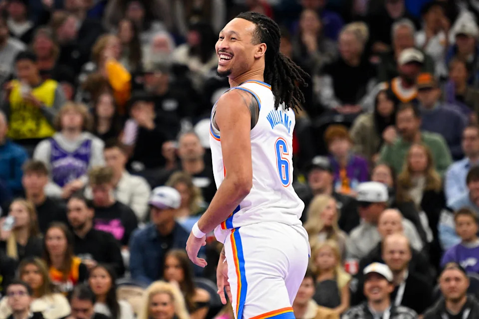 SALT LAKE CITY, UTAH - NOVEMBER 21: Jaylin Williams #6 of the Oklahoma City Thunder reacts to a play during the second half of a 2025-26 Emirates Cup game against the Utah Jazz at Delta Center on November 21, 2025 in Salt Lake City, Utah. NOTE TO USER: User expressly acknowledges and agrees that, by downloading and or using this photograph, User is consenting to the terms and conditions of the Getty Images License Agreement. (Photo by Alex Goodlett/Getty Images)