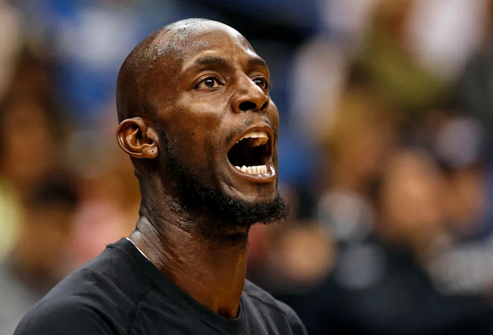 NBA legend Kevin Garnett reacts during a game.Bruce Kluckhohn-Imagn Images