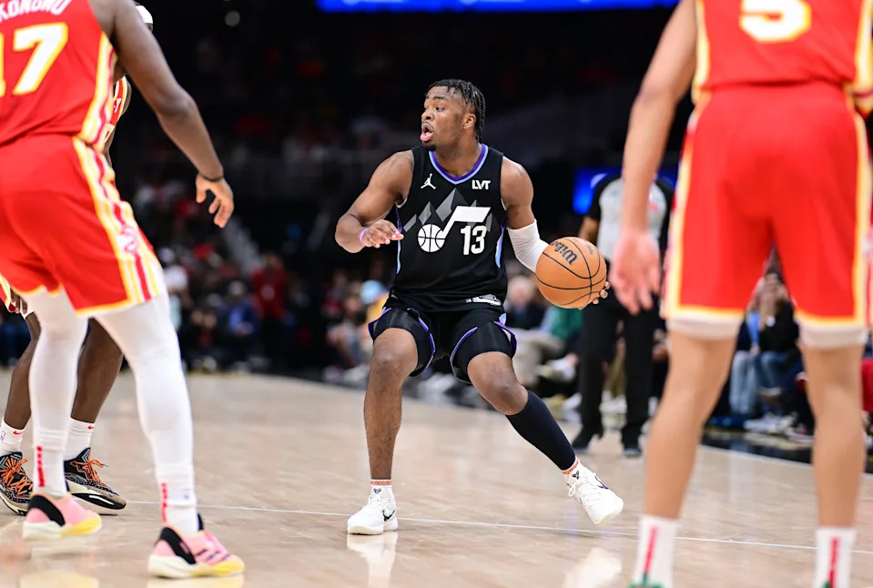 ATLANTA, GA – APRIL 6: Isaiah Collier #13 of the Utah Jazz looks to pass the ball during the game against the Atlanta Hawks on April 6, 2025 at State Farm Arena in Atlanta, Georgia. NOTE TO USER: User expressly acknowledges and agrees that, by downloading and/or using this Photograph, user is consenting to the terms and conditions of the Getty Images License Agreement. Mandatory Copyright Notice: Copyright 2025 NBAE (Photo by Adam Hagy/NBAE via Getty Images)