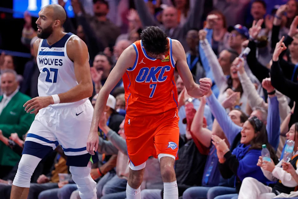 Nov 26, 2025; Oklahoma City, Oklahoma, USA; Oklahoma City Thunder center Chet Holmgren (7) reacts after scoring a three point basket against the Minnesota Timberwolves during the second half at Paycom Center. Mandatory Credit: Alonzo Adams-Imagn Images
