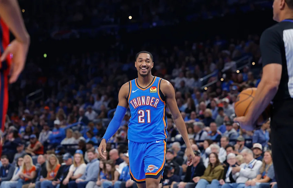 Nov 2, 2025; Oklahoma City, Oklahoma, USA; Oklahoma City Thunder guard Aaron Wiggins (21) during New Orleans Pelicans free-throws during the second quarter at Paycom Center. Mandatory Credit: Alonzo Adams-Imagn Images