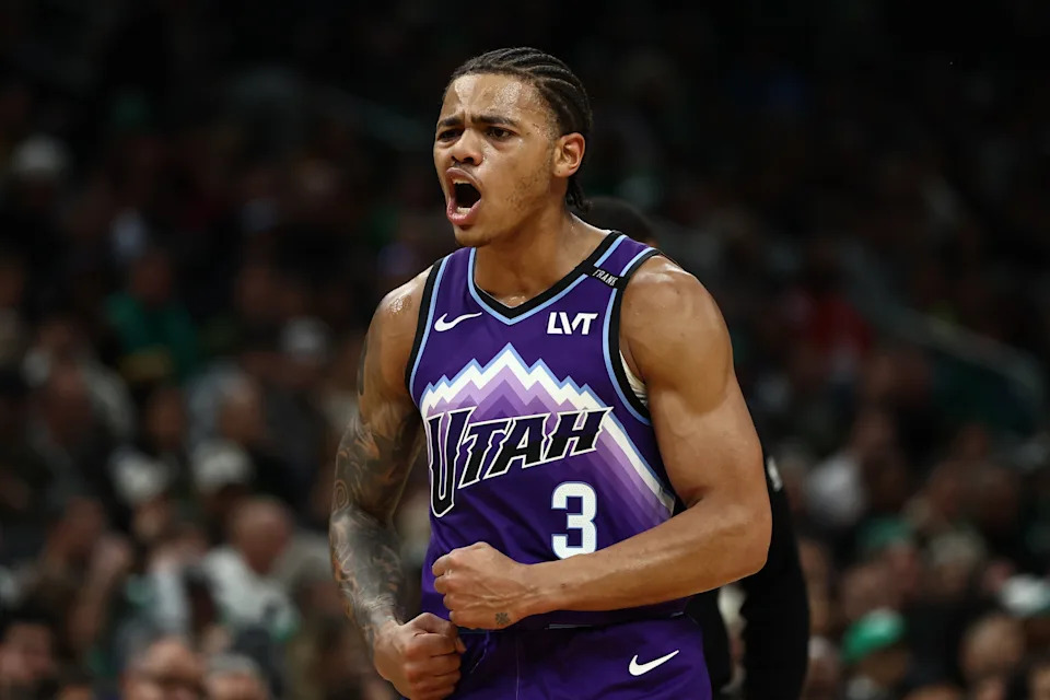 BOSTON, MA – NOVEMBER 3: Keyonte George #3 of the Utah Jazz celebrates after a basket against the Boston Celtics during the second half at TD Garden on November 3, 2025 in Boston, Massachusetts. NOTE TO USER: User expressly acknowledges and agrees that, by downloading and/or using this Photograph, user is consenting to the terms and conditions of the Getty Images License Agreement. (Photo By Winslow Townson/Getty Images)