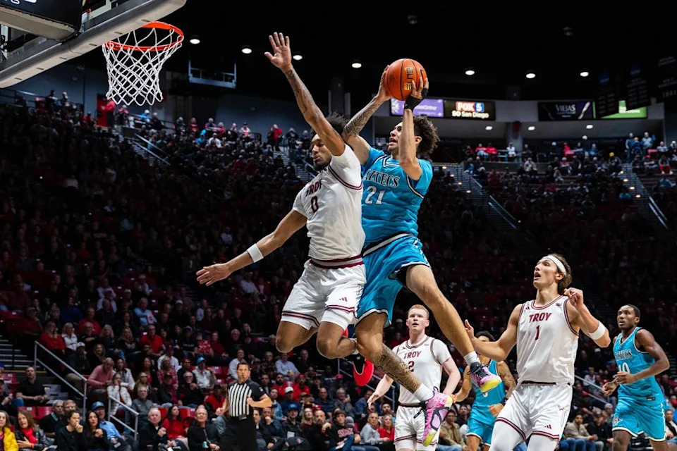 San Diego State guard Miles Byrd (21) attempts a layup during an NCAA Basketball game against Troy, Tuesday November 18, 2025 at Viejas Arena in San Diego, Calif.