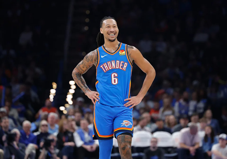 Nov 2, 2025; Oklahoma City, Oklahoma, USA; Oklahoma City Thunder forward Jaylin Williams (6) smiles during New Orleans Pelicans free-throws during the second quarter at Paycom Center. Mandatory Credit: Alonzo Adams-Imagn Images