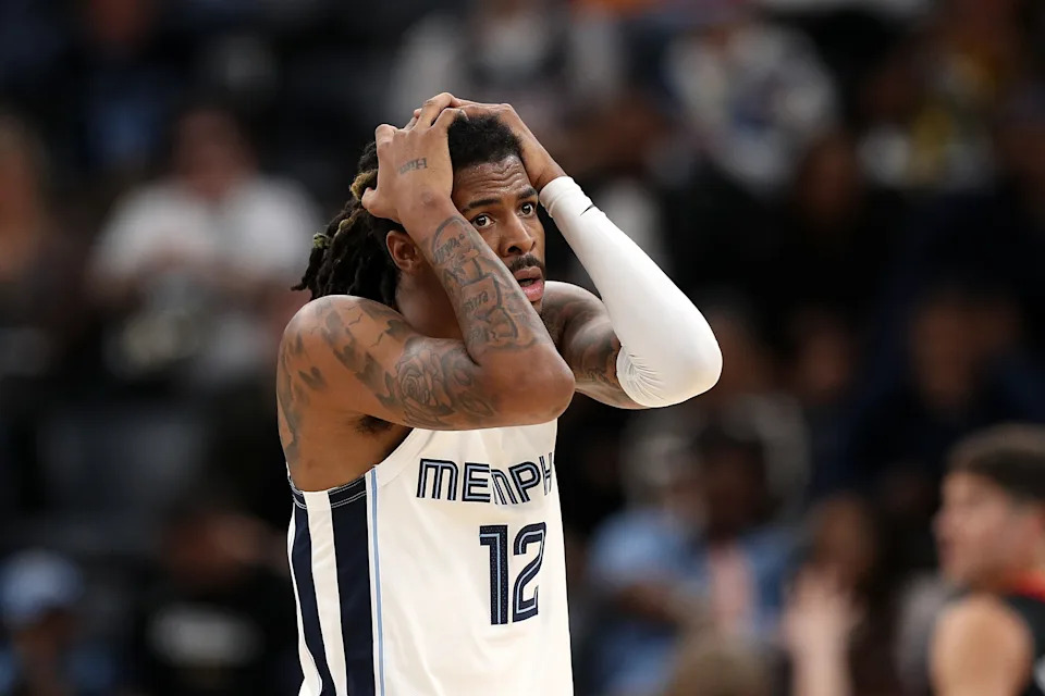 MEMPHIS, TENNESSEE - NOVEMBER 05: Ja Morant #12 of the Memphis Grizzlies reacts during the second half against the Houston Rockets at FedExForum on November 05, 2025 in Memphis, Tennessee. NOTE TO USER: User expressly acknowledges and agrees that, by downloading and or using this photograph, User is consenting to the terms and conditions of the Getty Images License Agreement. (Photo by Justin Ford/Getty Images)