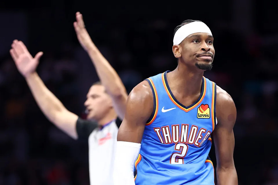 CHARLOTTE, NORTH CAROLINA - NOVEMBER 15: Shai Gilgeous-Alexander #2 of the Oklahoma City Thunder reacts following a three point basket during the first quarter of the game against the Charlotte Hornets at Spectrum Center on November 15, 2025 in Charlotte, North Carolina. NOTE TO USER: User expressly acknowledges and agrees that, by downloading and or using this photograph, User is consenting to the terms and conditions of the Getty Images License Agreement. (Photo by Jared C. Tilton/Getty Images)