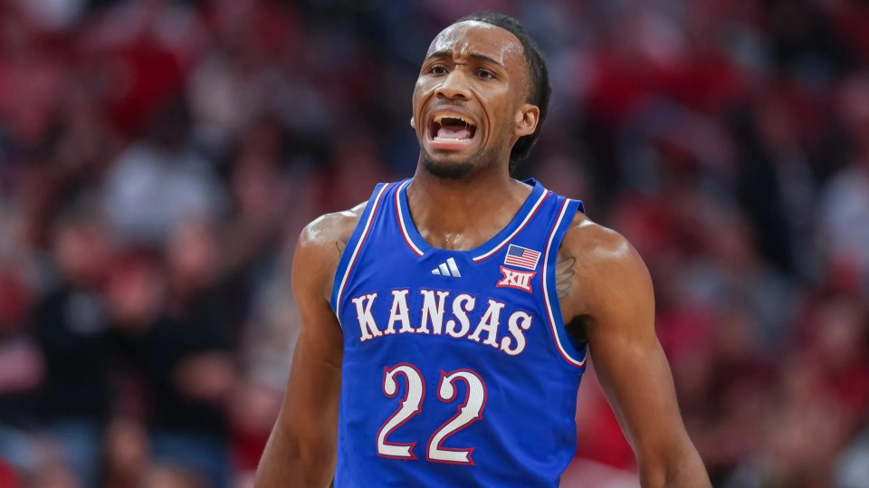 Darryn Peterson #22 of the Kansas Jayhawks reacts during the second half of the NCAA exhibition game between the Louisville Cardinals and Kansas Jayhawks at KFC YUM! Center