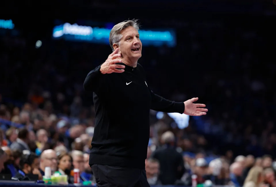Nov 26, 2025; Oklahoma City, Oklahoma, USA; Minnesota Timberwolves head coach Chris Finch reacts after a play against the Oklahoma City Thunder during the second half at Paycom Center. Mandatory Credit: Alonzo Adams-Imagn Images