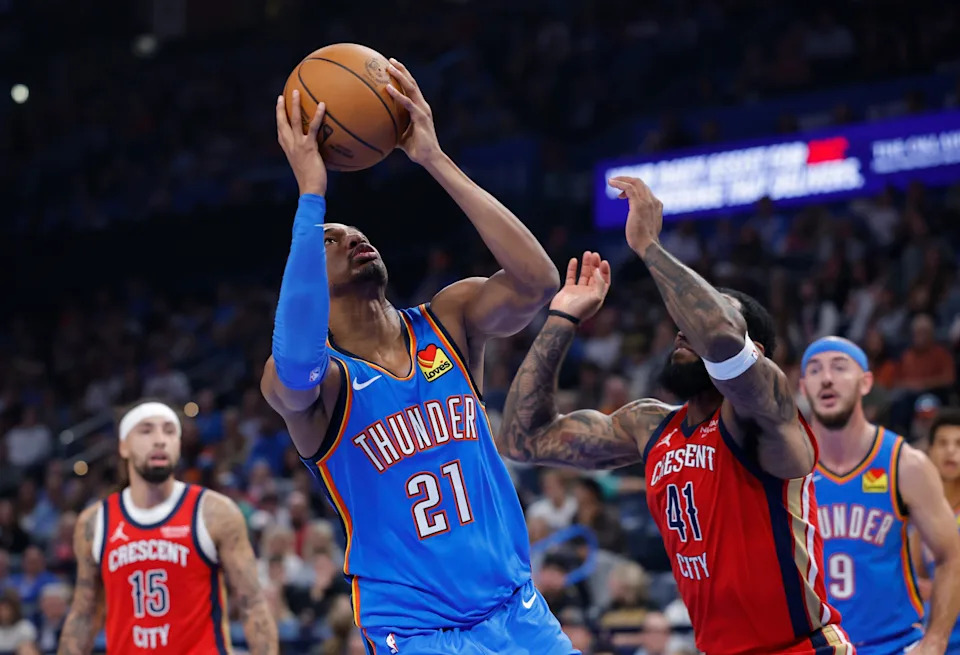 Nov 2, 2025; Oklahoma City, Oklahoma, USA; Oklahoma City Thunder guard Aaron Wiggins (21) shoots against the New Orleans Pelicans during the second quarter at Paycom Center. Mandatory Credit: Alonzo Adams-Imagn Images