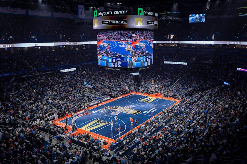 Nov 26, 2025; Oklahoma City, Oklahoma, USA; A general view of Oklahoma City Thunder NBA Cup Game court during the first quarter of a game against the Minnesota Timberwolves at Paycom Center. Mandatory Credit: Alonzo Adams-Imagn Images