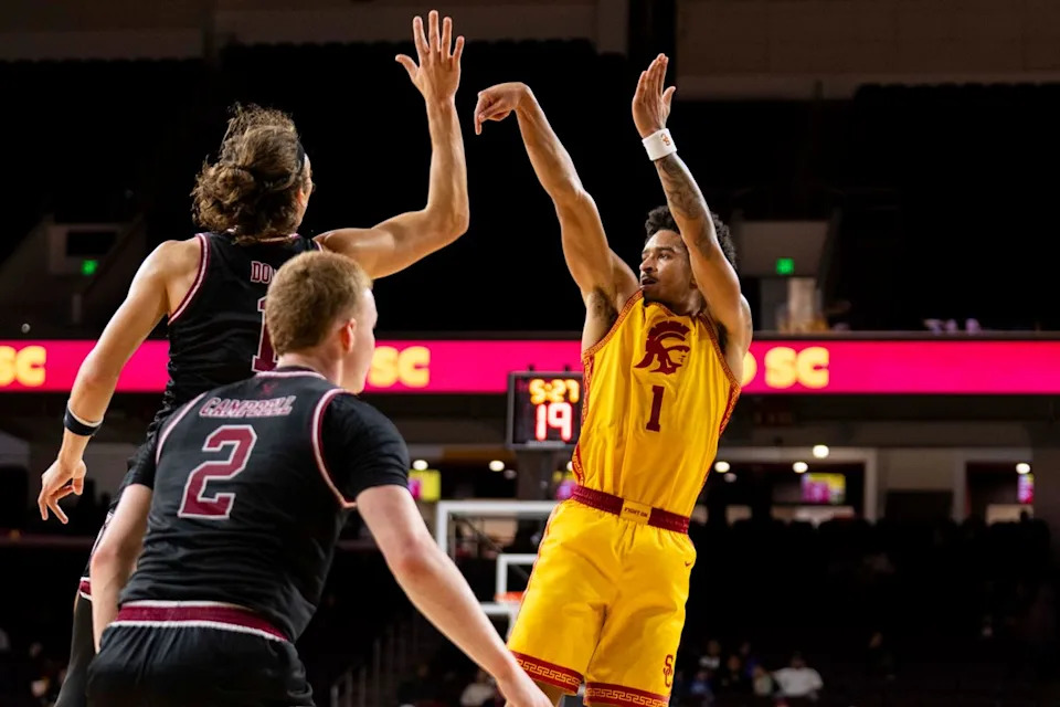 USC Trojans guard Rodney Rice (1) shoots a fadeaway jumper during an NCAA basketball game against the Troy Trojans, Thursday November 20th, 2025 in Los Angeles, California. 