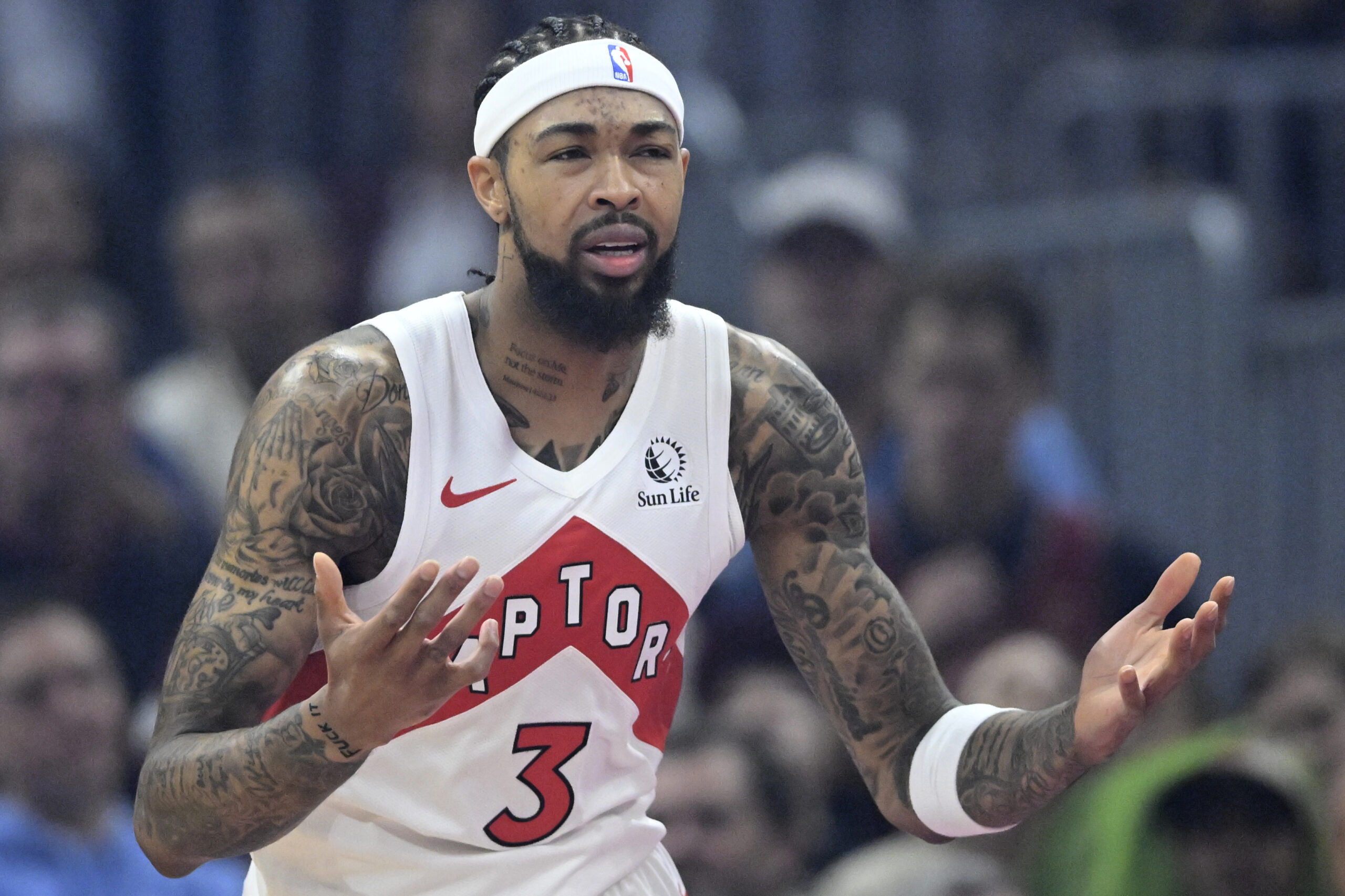 Toronto Raptors forward Brandon Ingram (3) reacts in the first quarter against the Cleveland Cavaliers at Rocket Arena.