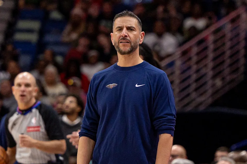 Nov 17, 2025; New Orleans, Louisiana, USA; New Orleans Pelicans Interim Head Coach James Borrego looks on against the Oklahoma City Thunder during the first half at Smoothie King Center. Mandatory Credit: Stephen Lew-Imagn Images