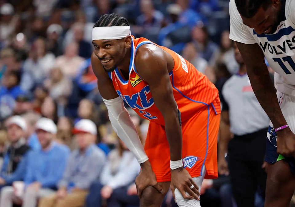 Nov 26, 2025; Oklahoma City, Oklahoma, USA; Oklahoma City Thunder guard Shai Gilgeous-Alexander (2) smiles during a break in play while the Minnesota Timberwolves shoots free throws during the second half at Paycom Center. Mandatory Credit: Alonzo Adams-Imagn Images