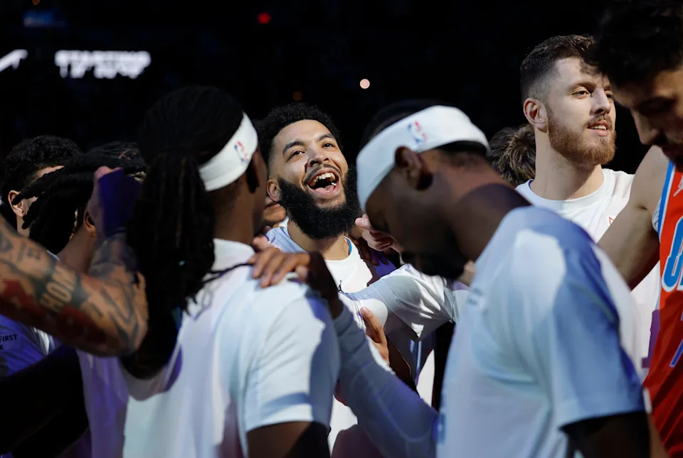 Nov 26, 2025; Oklahoma City, Oklahoma, USA; Oklahoma City Thunder guard Kenrich Williams (34) screams during introductions before the start of a game against the Minnesota Timberwolves during the first quarter at Paycom Center. Mandatory Credit: Alonzo Adams-Imagn Images