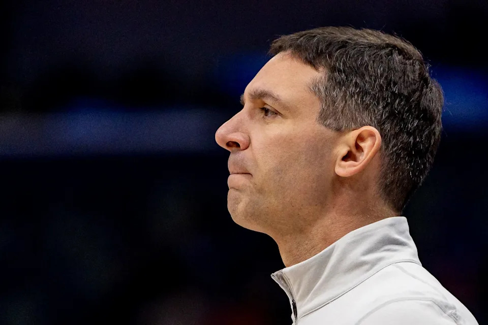 Nov 17, 2025; New Orleans, Louisiana, USA; Oklahoma City Thunder Head Coach Mark Daigneault looks on against the New Orleans Pelicans during the first half at Smoothie King Center. Mandatory Credit: Stephen Lew-Imagn Images