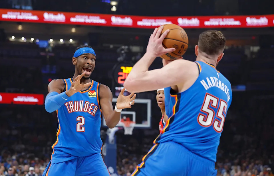 Nov 2, 2025; Oklahoma City, Oklahoma, USAOklahoma City Thunder guard Shai Gilgeous-Alexander (2) yells for the ball after Oklahoma City Thunder center Isaiah Hartenstein (55) grabs a rebound during the first quarter against the New Orleans Pelicans at Paycom Center. Mandatory Credit: Alonzo Adams-Imagn Images