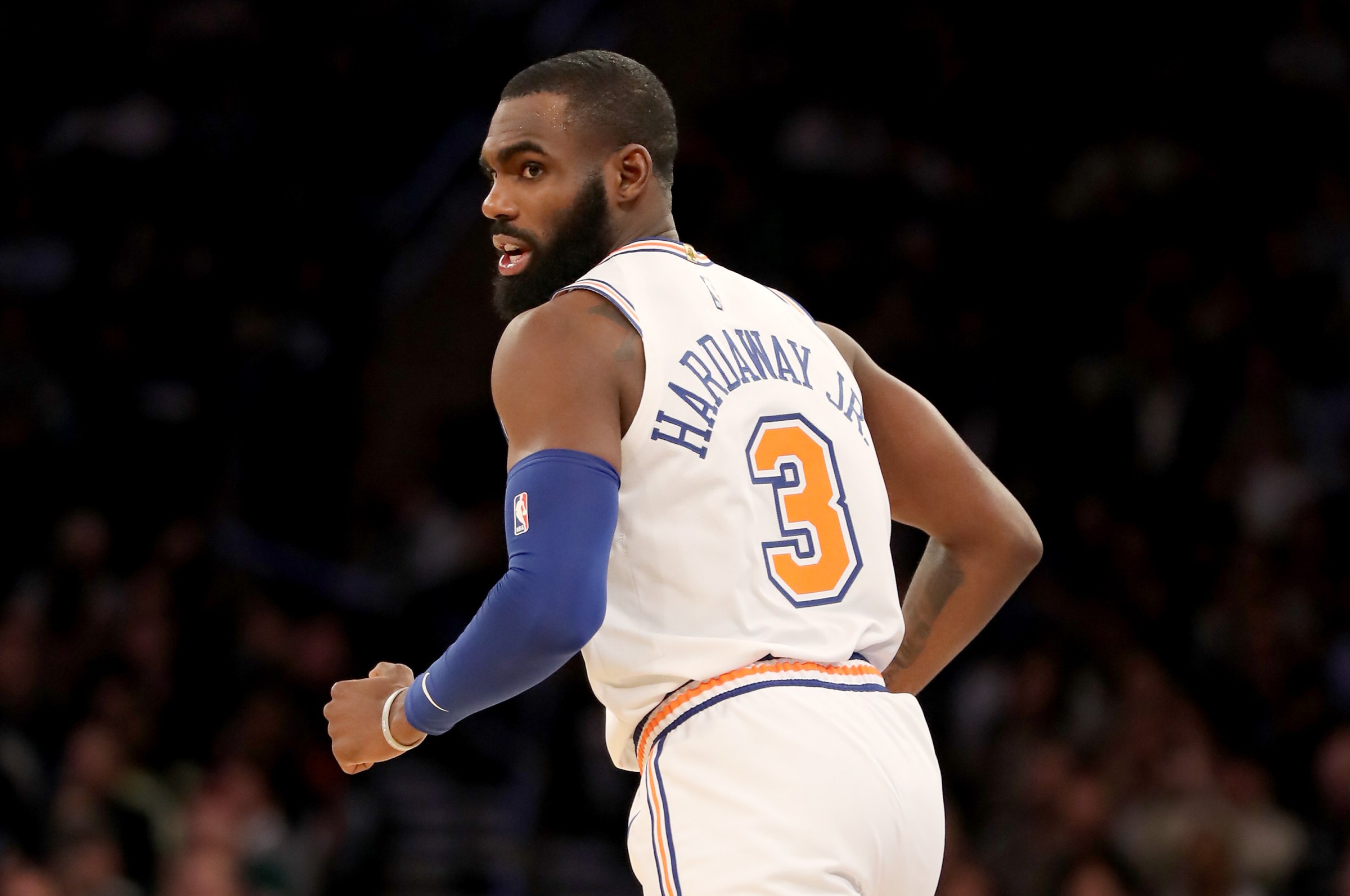 NEW YORK, NEW YORK - JANUARY 30: Tim Hardaway Jr. #3 of the New York Knicks celebrates his shot in the third quarter against the Dallas Mavericks at Madison Square Garden on January 30, 2019 in New York City.NOTE TO USER: User expressly acknowledges and agrees that, by downloading and or using this photograph, User is consenting to the terms and conditions of the Getty Images License Agreement. (Photo by Elsa/Getty Images)