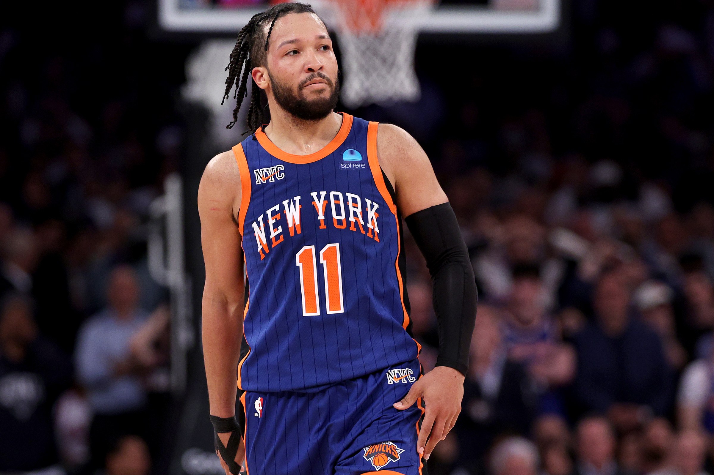 NEW YORK, NEW YORK - APRIL 30: Jalen Brunson #11 of the New York Knicks reacts in the overtime period against the Philadelphia 76ers at Madison Square Garden on April 30, 2024 in New York City. The Philadelphia 76ers defeated the New York Knicks 112-106 in overtime. NOTE TO USER: User expressly acknowledges and agrees that, by downloading and or using this photograph, User is consenting to the terms and conditions of the Getty Images License Agreement. (Photo by Elsa/Getty Images)