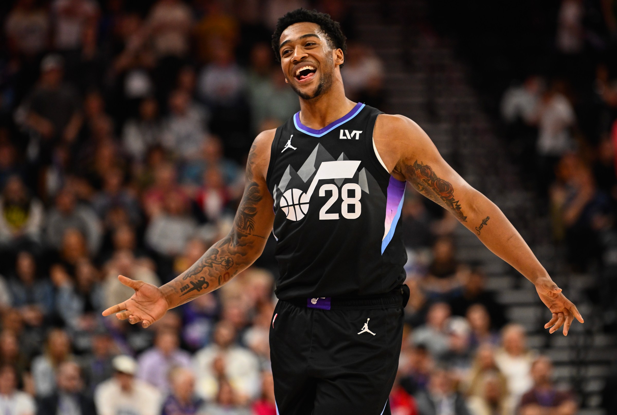 SALT LAKE CITY, UTAH - APRIL 09: Brice Sensabaugh #28 of the Utah Jazz reacts to a call during the second half of a game against the Portland Trail Blazers at Delta Center on April 09, 2025 in Salt Lake City, Utah. NOTE TO USER: User expressly acknowledges and agrees that, by downloading and or using this photograph, User is consenting to the terms and conditions of the Getty Images License Agreement (Photo by Alex Goodlett/Getty Images)