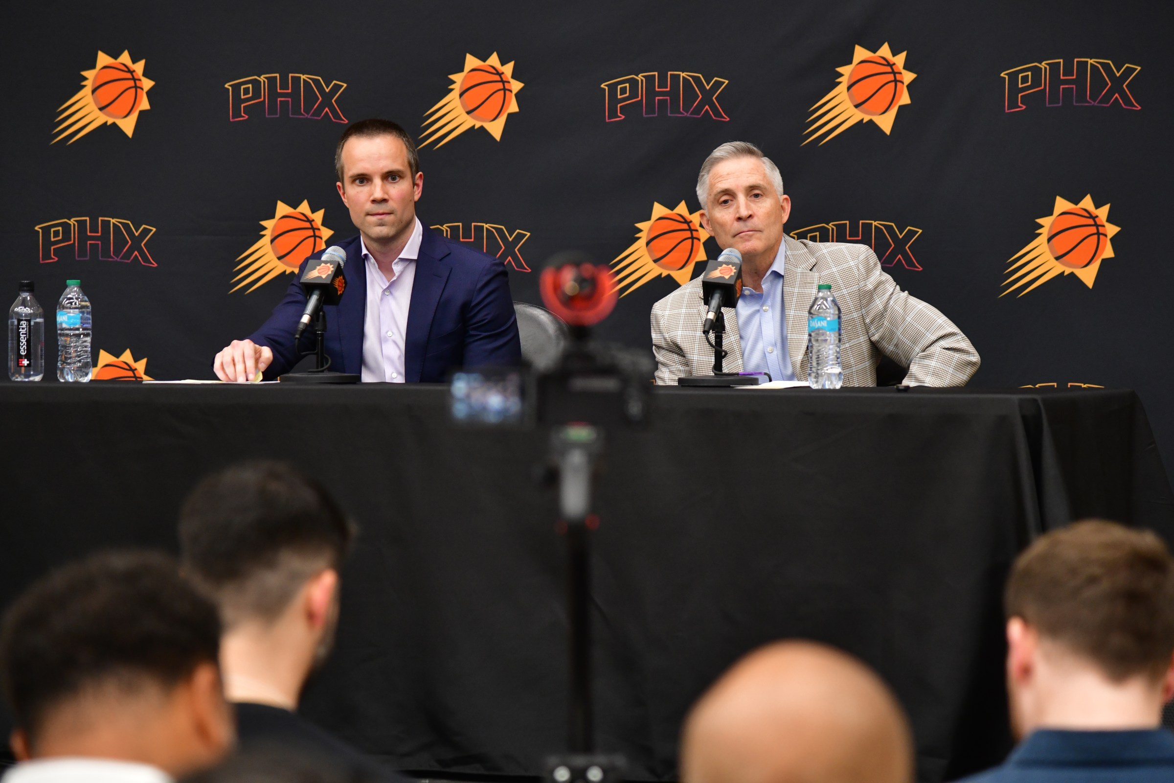 PHOENIX, AZ - JULY 10: Brian Gregory introduces Jordan Ott as head coach of the Phoenix Suns during a press conference on June 10, 2025, at the Verizon 5G Performance Center in Phoenix, Arizona. NOTE TO USER: User expressly acknowledges and agrees that, by downloading and or using this Photograph, user is consenting to the terms and conditions of the Getty Images License Agreement. Mandatory Copyright Notice: Copyright 2025 NBAE (Photo by Barry Gossage/NBAE via Getty Images)