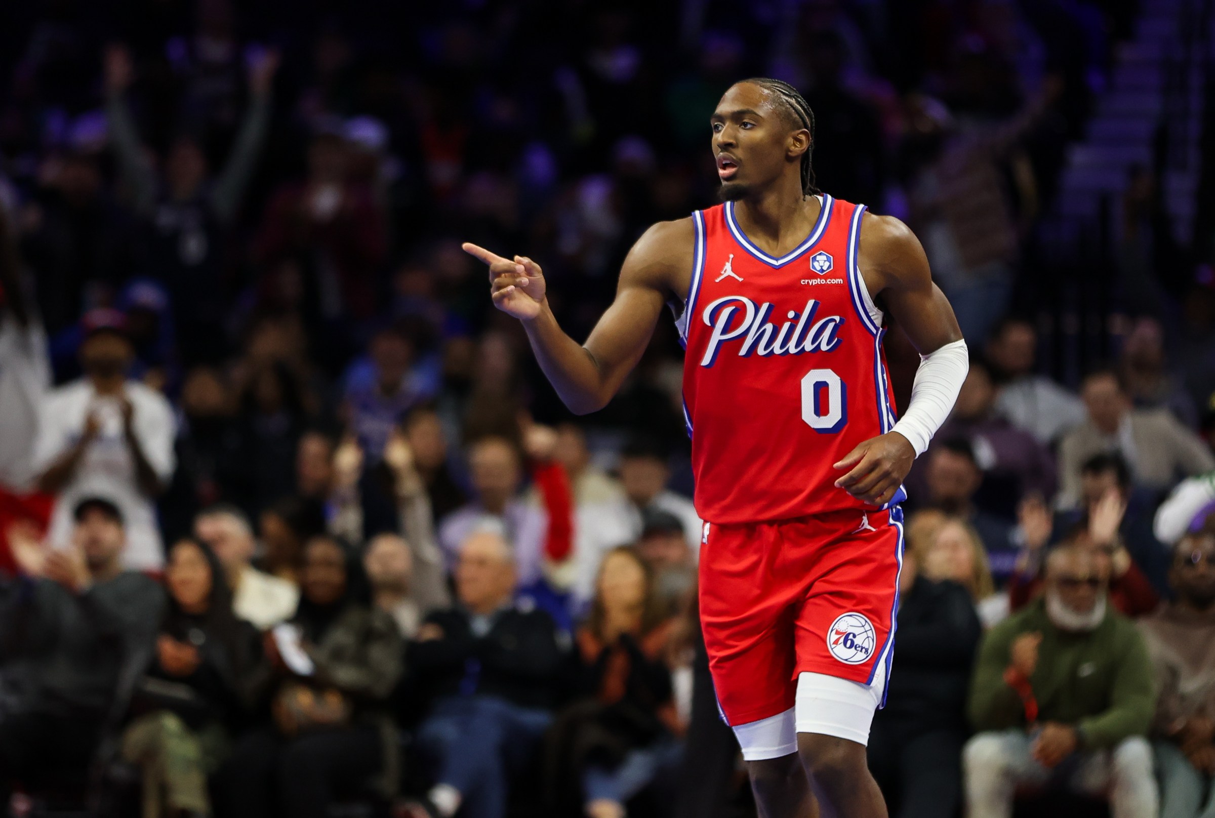 PHILADELPHIA, PENNSYLVANIA - OCTOBER 31: Tyrese Maxey #0 of the Philadelphia 76ers gestures during the fourth quarter against the Boston Celtics during the NBA Cup game at Xfinity Mobile Arena on October 31, 2025 in Philadelphia, Pennsylvania. NOTE TO USER: User expressly acknowledges and agrees that, by downloading and or using this photograph, User is consenting to the terms and conditions of the Getty Images License Agreement. (Photo by Isaiah Vazquez/Getty Images)