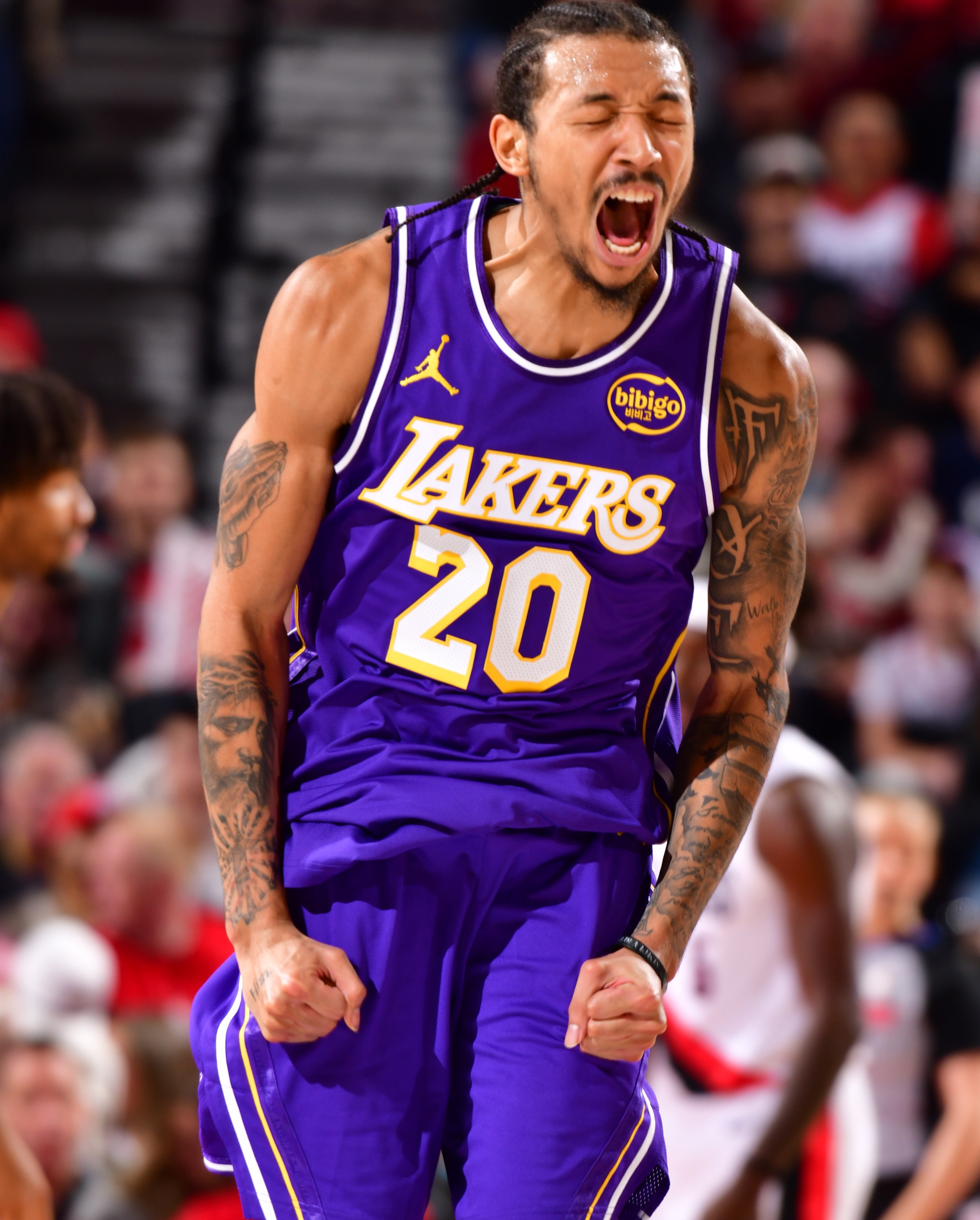 PORTLAND, OR - NOVEMBER 3: Nick Smith Jr. #20 of the Los Angeles Lakers celebrates during the game against the Portland Trail Blazers on November 3, 2025 at the Moda Center Arena in Portland, Oregon. NOTE TO USER: User expressly acknowledges and agrees that, by downloading and or using this photograph, user is consenting to the terms and conditions of the Getty Images License Agreement. Mandatory Copyright Notice: Copyright 2025 NBAE (Photo by Barry Gossage/NBAE via Getty Images)