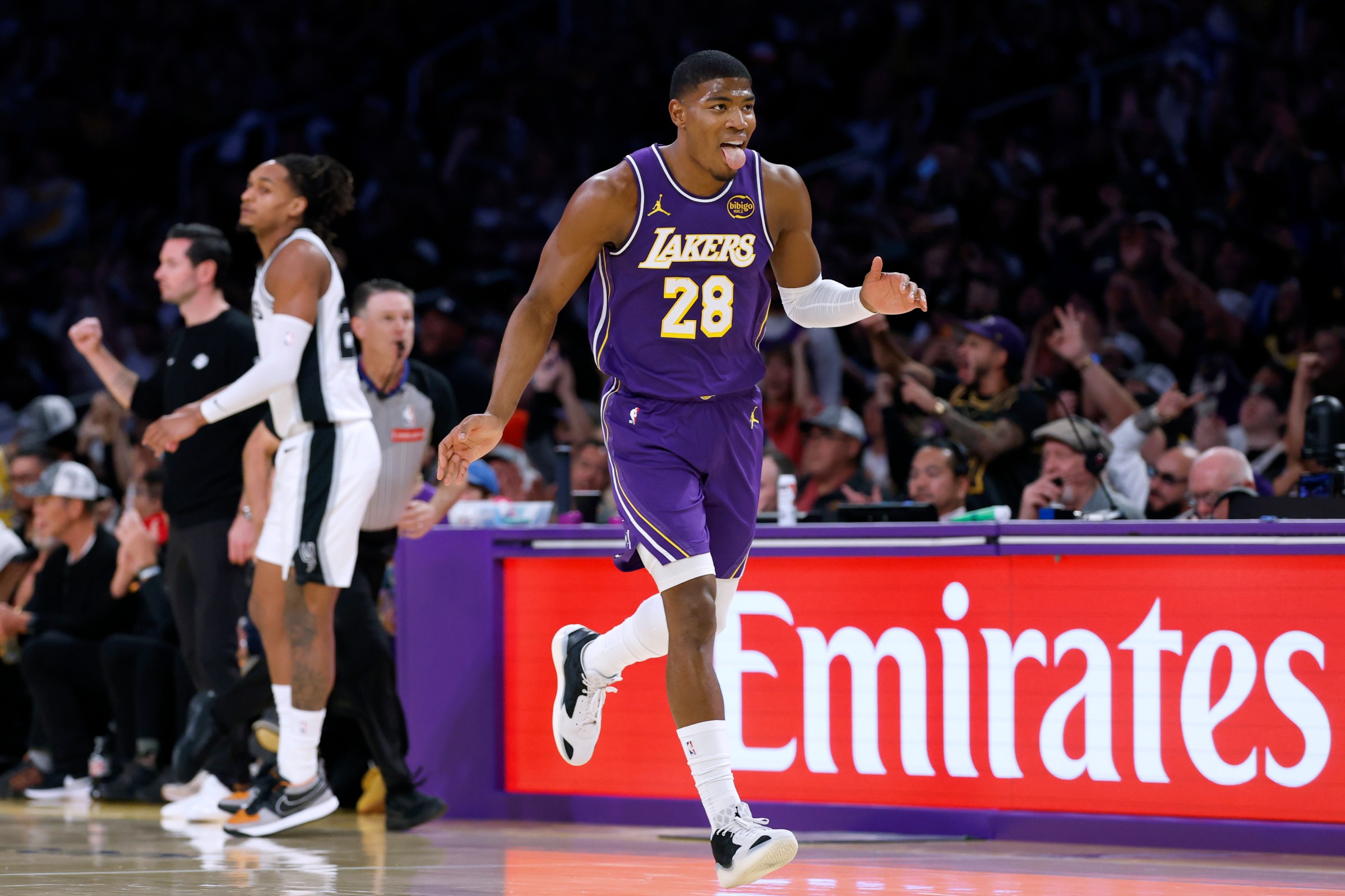 LOS ANGELES, CALIFORNIA - NOVEMBER 05: Rui Hachimura #28 of the Los Angeles Lakers reacts to his three pointer during a 118-116 Los Angeles Lakers win over the San Antonio Spurs at Crypto.com Arena on November 05, 2025 in Los Angeles, California. (Photo by Harry How/Getty Images). NOTE TO USER: User expressly acknowledges and agrees that, by downloading and or using this photograph, User is consenting to the terms and conditions of the Getty Images License Agreement. (Photo by Harry How/Getty Images)