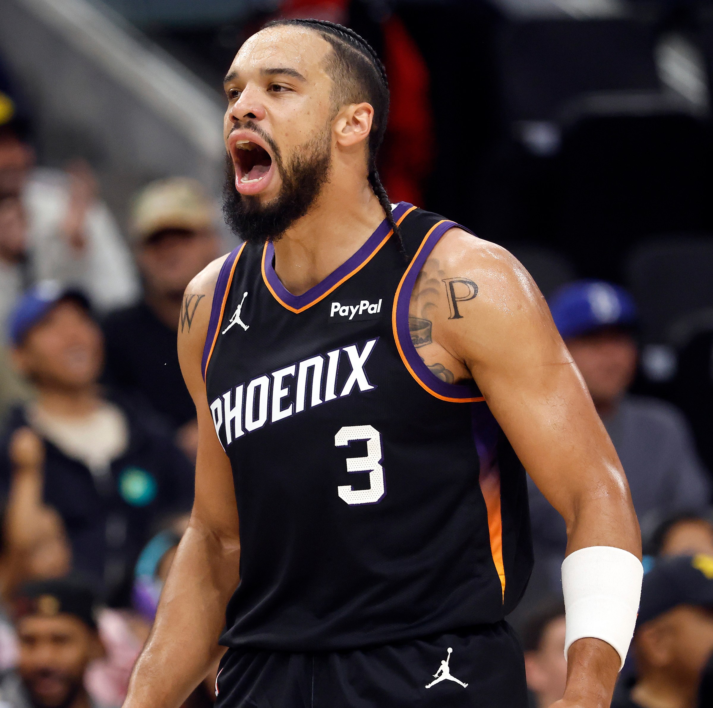 INGLEWOOD, CALIFORNIA - NOVEMBER 08: Dillon Brooks #3 of the Phoenix Suns reacts against the LA Clippers in the first half at Intuit Dome on November 08, 2025 in Inglewood, California. NOTE TO USER: User expressly acknowledges and agrees that, by downloading and or using this photograph, User is consenting to the terms and conditions of the Getty Images License Agreement. (Photo by Ronald Martinez/Getty Images)
